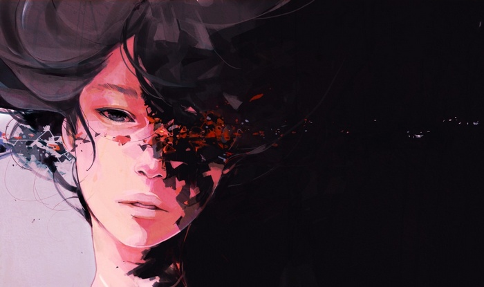 Fragmented face of a woman dissolving into darkness