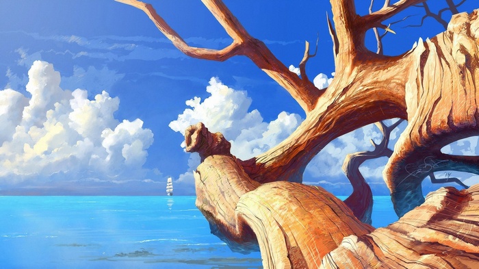 Artwork of a boat on the sea with trees and clouds