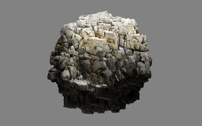 A rocky island with a small white house