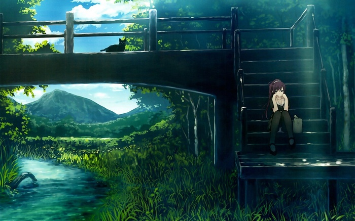 Senjougahara Hitagi on a bridge with a cat