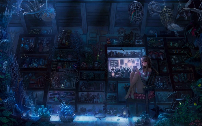 Anime girl sitting in a room full of curiosities