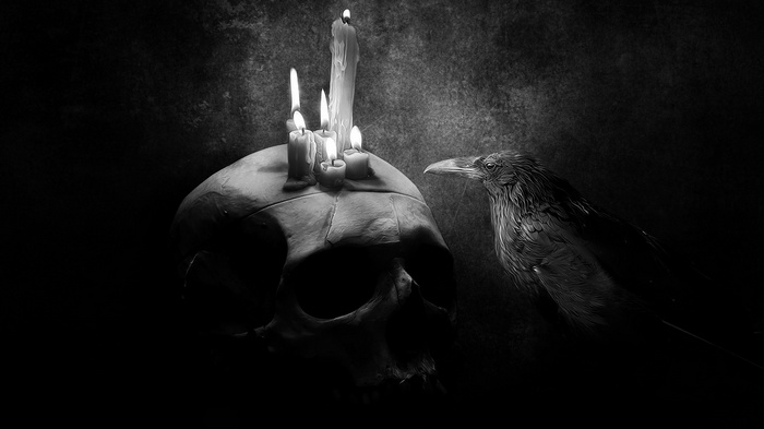 Monochrome drawing of a skull with candles and a raven