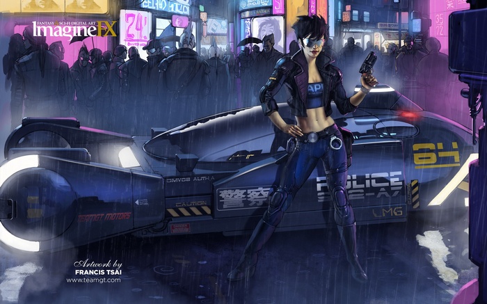 Cyberpunk Police Officer with Futuristic Car