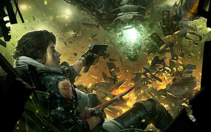 Cyberpunk woman in combat with a futuristic machine