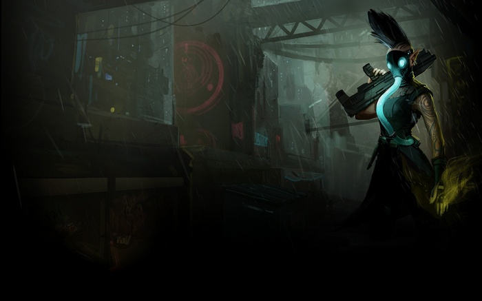 Cyberpunk character with gas mask and rifle in rain