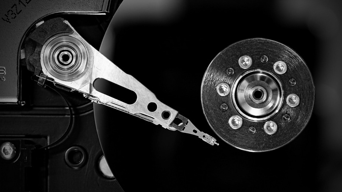 Close-up of a hard drive's internal components