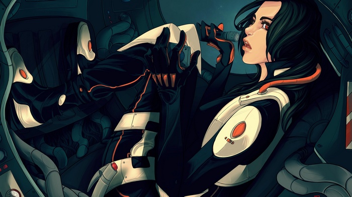 Woman in a futuristic suit holding a device