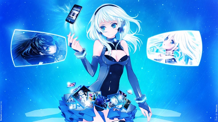 Anime girl with headphones and floating images
