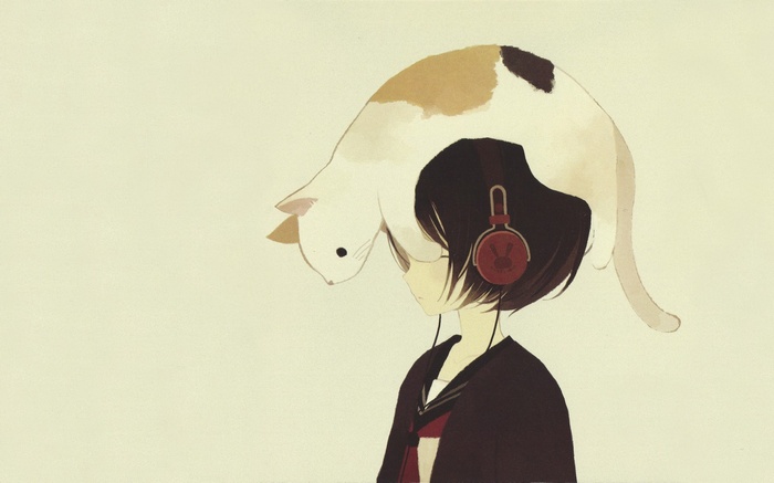 Girl with headphones and a cat