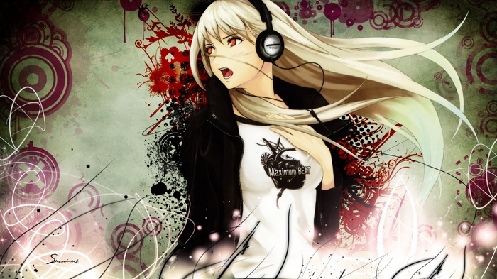 Anime girl with headphones and "Maximum Beat" shirt