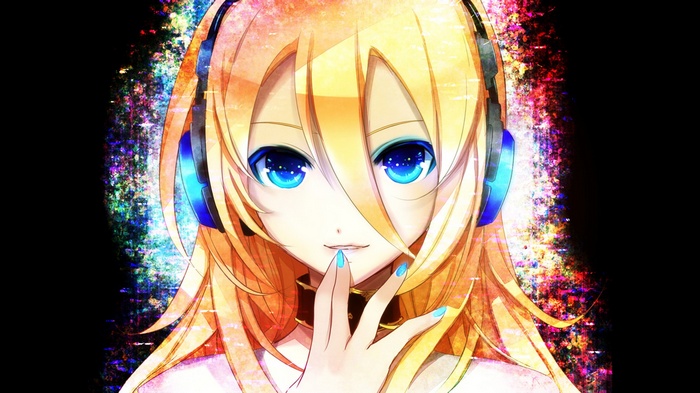 Lily (Vocaloid) with headphones and blue eyes