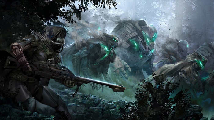 Destiny artwork: Soldier with sniper rifle faces alien creatures