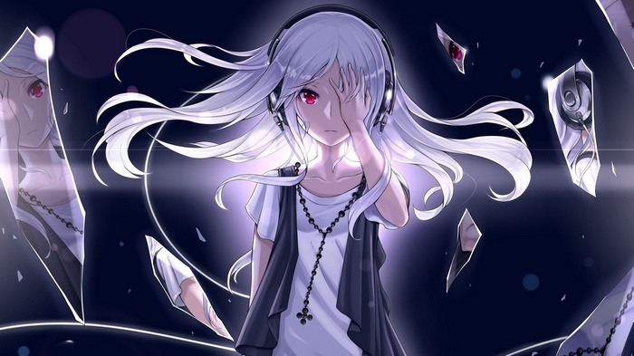 Anime girl with headphones and red eyes