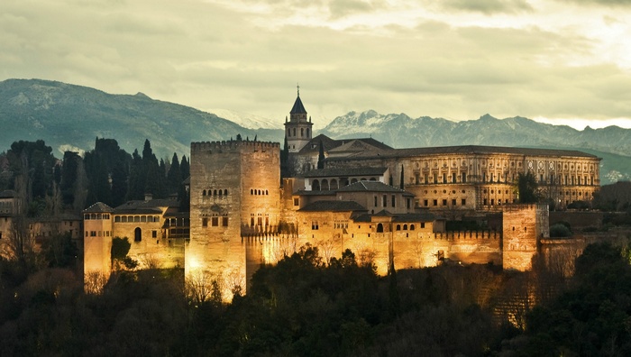 The Alhambra fortress in Granada, Spain at dusk