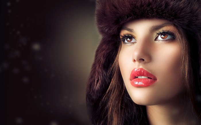 juicy lips, open mouth, funny hats, hat, face, model, women, brown eyes, long hair, red lipstick, brunette, airbrushed