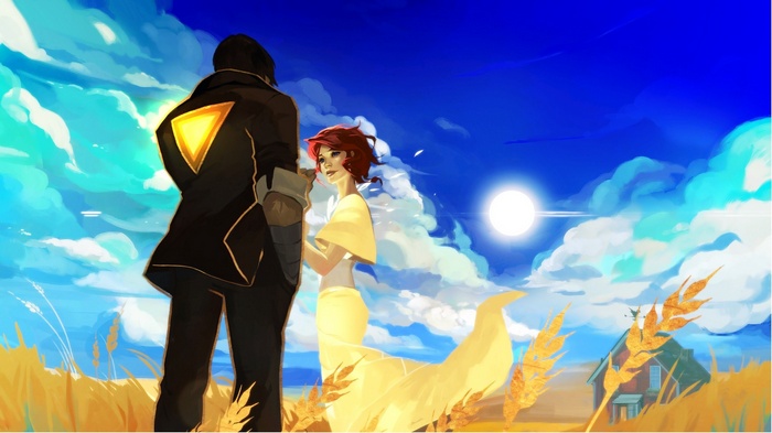 Redhead woman and man with glowing triangle on jacket in field