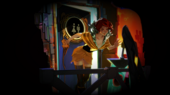 Red from Transistor near a restroom sign