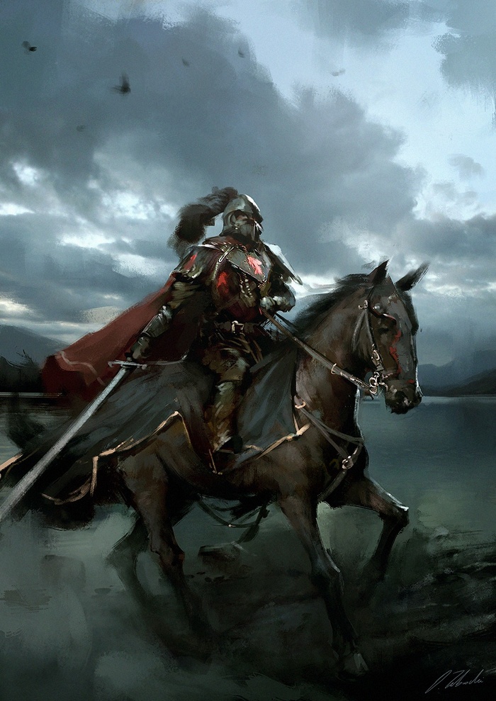 Knight in armor riding a black horse