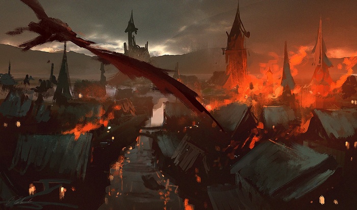 Artwork of a burning city with a dragon