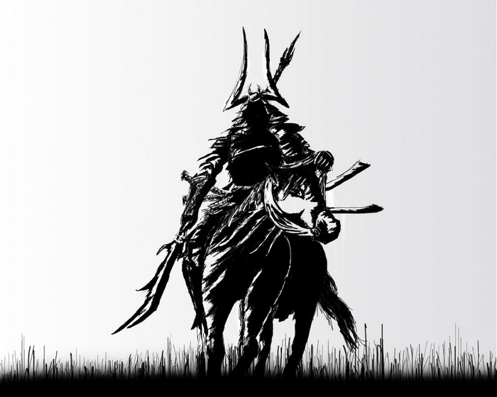Samurai warrior on horseback in ink style