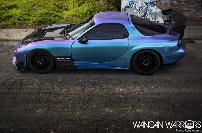 Mazda RX-7 with iridescent paint and large spoiler