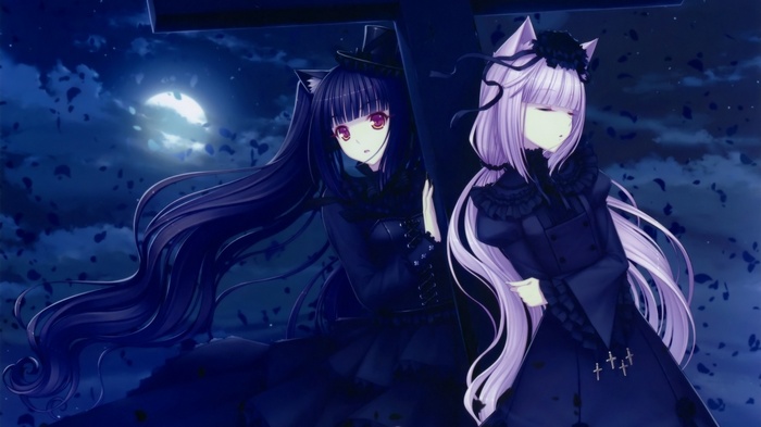 cat girl, Sayori, Chocolat (Neko Para), fantasy girl, anime, visual novel, Gothic, nekomimi, anime girls, Moon, Vanilla (Neko Para), Neko Para