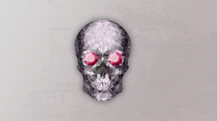 Low poly skull with ruby eyes on textured background