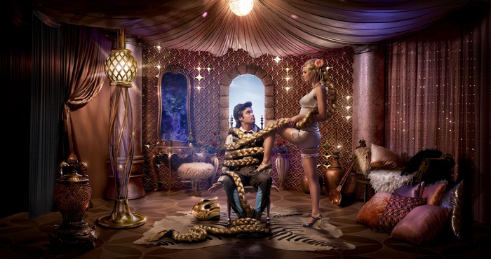 Rapunzel and Flynn Rider in a lavish room