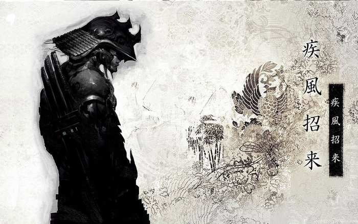 Samurai warrior with Japanese calligraphy