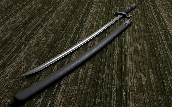 A sword and its scabbard on a wooden surface