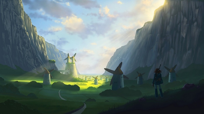 Nausicaa of the Valley of the Wind landscape with windmills