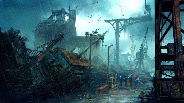 Apocalyptic industrial harbor with wrecked ships and cranes