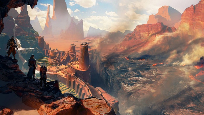 Fantasy landscape with warriors overlooking a burning canyon