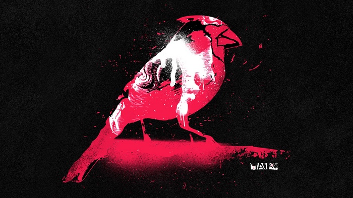 Graffiti artwork of a red bird with white paint splatters