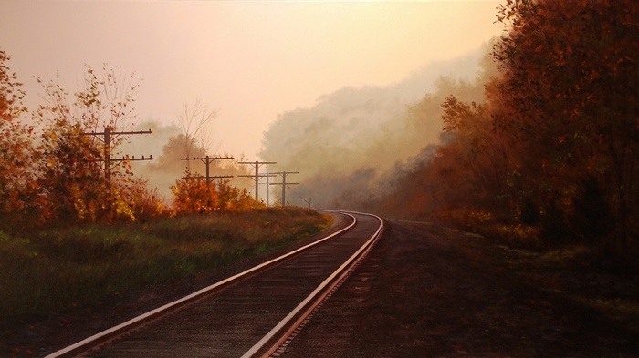 Railway tracks curve through autumn trees in fog