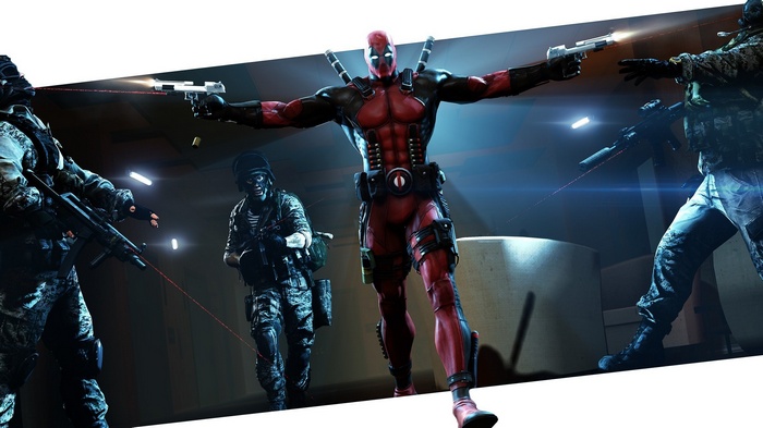 Deadpool in a gunfight with soldiers