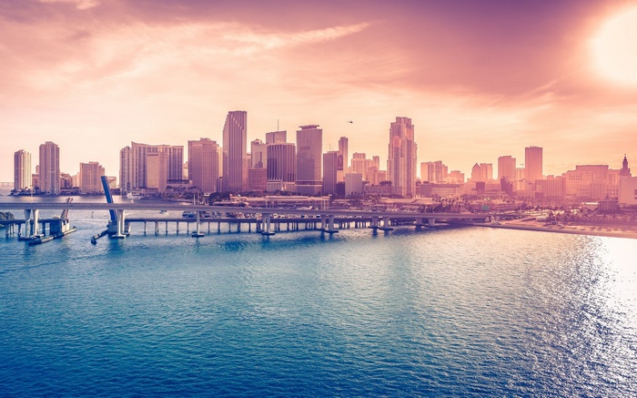 Miami Skyline and Bridge Over Water