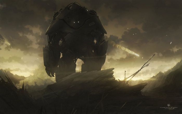 Giant Mech in a Post-Apocalyptic Landscape