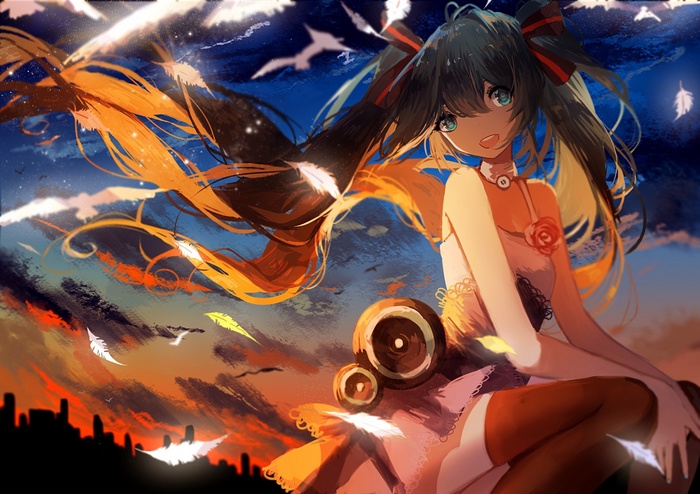 Hatsune Miku with twintails and feathers