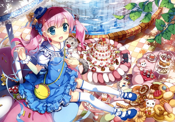 Anime girl with pink hair and sweets