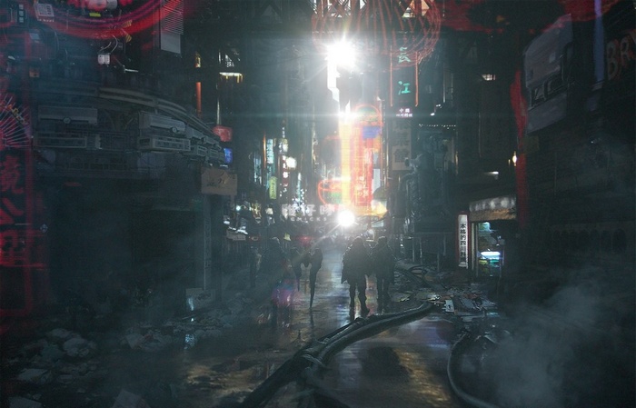 Cyberpunk city street with neon signs and people