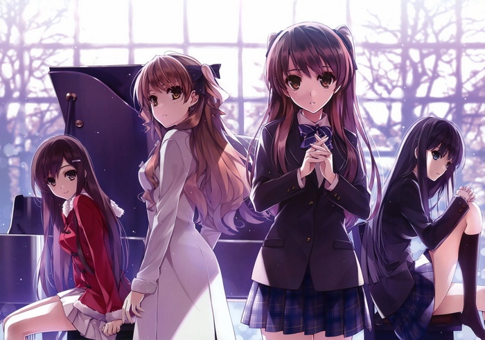 Anime girls in school uniforms by a piano