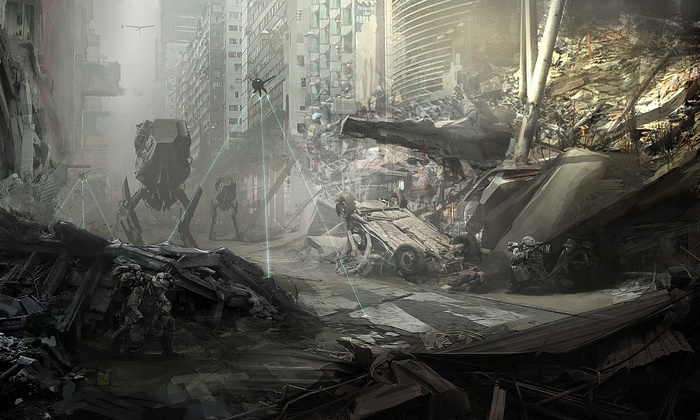 Apocalyptic city with robots and soldiers