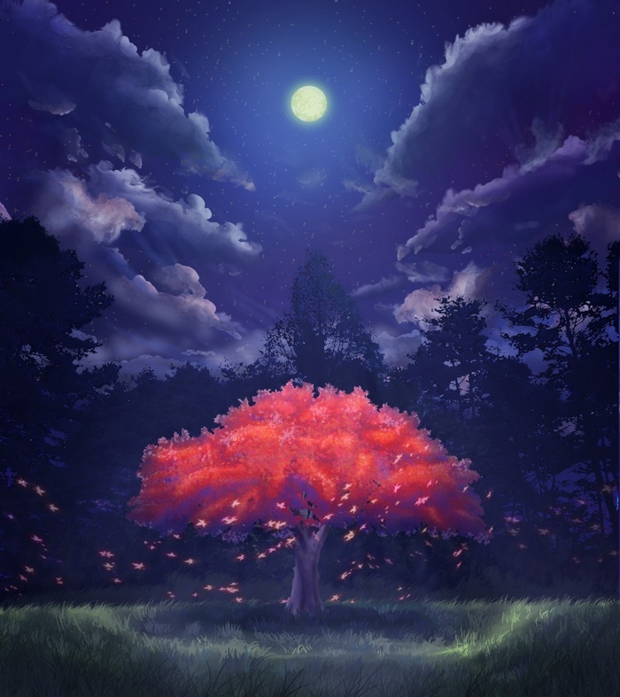 Cherry blossom tree under a full moon