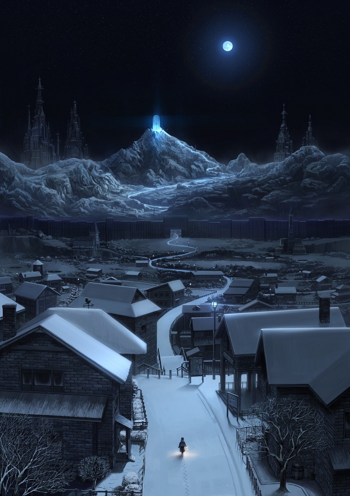 Snowy village at night with glowing mountain peak