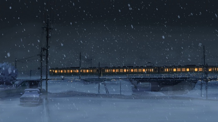 winter, 5 Centimeters Per Second, snow, power lines, Makoto Shinkai , train, anime