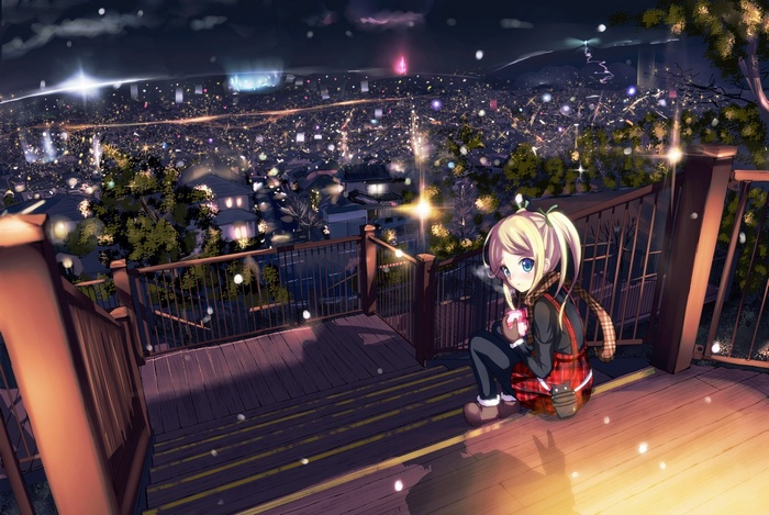 Girl on stairs overlooking a snowy cityscape at night