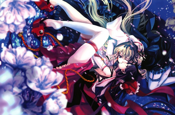 anime girls, Hakurei Reimu, anime, kissing, red ribbons, Yakumo Yukari, Touhou, thigh-highs, miko