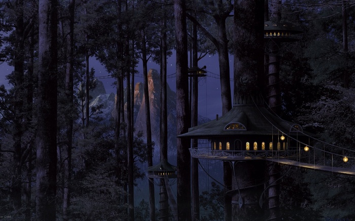 Fantasy treehouses in a dark forest at night