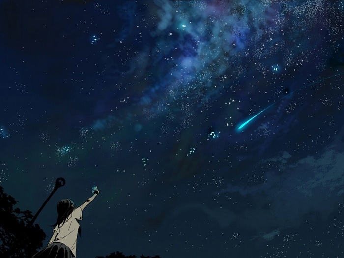 Anime girl watching a shooting star in the night sky